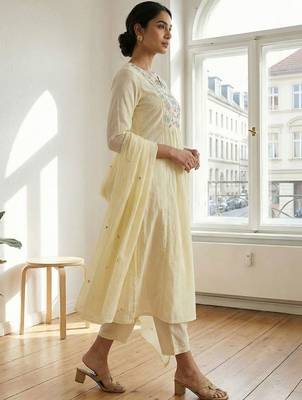 Women Floral Embroidered Panelled Thread Work Pure Cotton Kurta with Trousers & With Dupatta 3