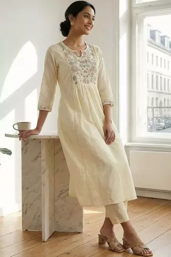 Women Floral Embroidered Panelled Thread Work Pure Cotton Kurta with Trousers & With Dupatta