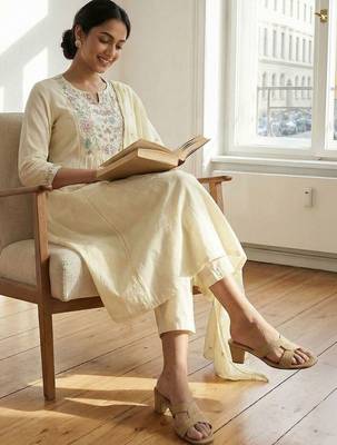 Women Floral Embroidered Panelled Thread Work Pure Cotton Kurta with Trousers & With Dupatta 6