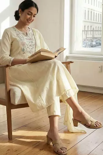 Women Floral Embroidered Panelled Thread Work Pure Cotton Kurta with Trousers & With Dupatta