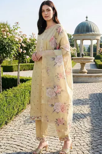 Women Floral Printed Regular Linen Kurta with Trousers & With Dupatta