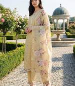 Women Floral Printed Regular Linen Kurta with Trousers & With Dupatta