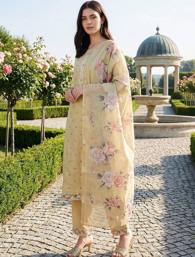 Women Floral Printed Regular Linen Kurta with Trousers & With Dupatta
