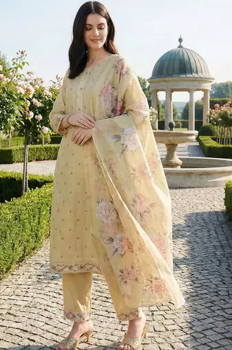 Women Floral Printed Regular Linen Kurta with Trousers & With Dupatta