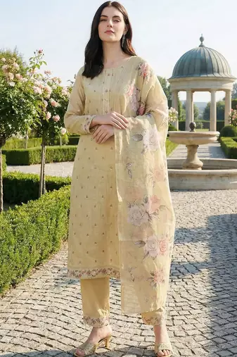 Women Floral Printed Regular Linen Kurta with Trousers & With Dupatta