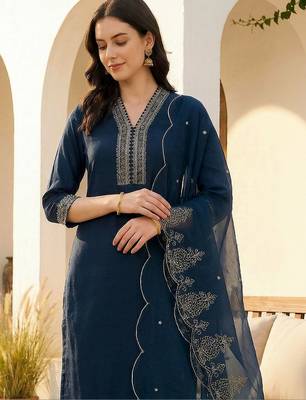 Women Ethnic Motifs Embroidered Regular Thread Work Kurta with Trousers & With Dupatta 1
