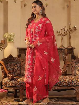 Women Floral Embroidered Regular Sequinned Kurta with Trousers & With Dupatta 5