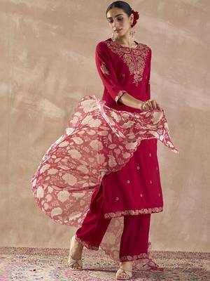 Ethnic Motifs Embroidered Thread Work Straight Kurta With Trousers & Dupatta 1