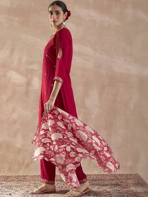 Ethnic Motifs Embroidered Thread Work Straight Kurta With Trousers & Dupatta 3