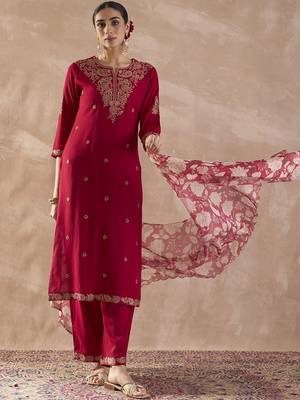 Ethnic Motifs Embroidered Thread Work Straight Kurta With Trousers & Dupatta 4
