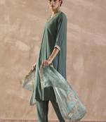 Sequinned A-Line Kurta With Trousers & Dupatta