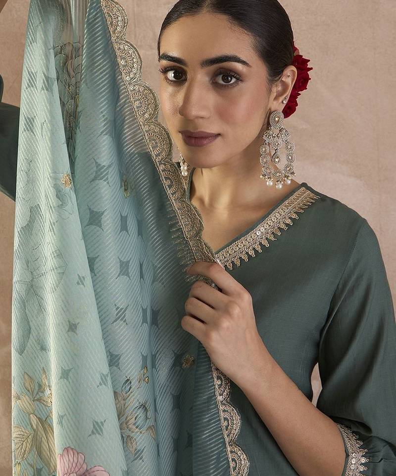 Sequinned A-Line Kurta With Trousers & Dupatta