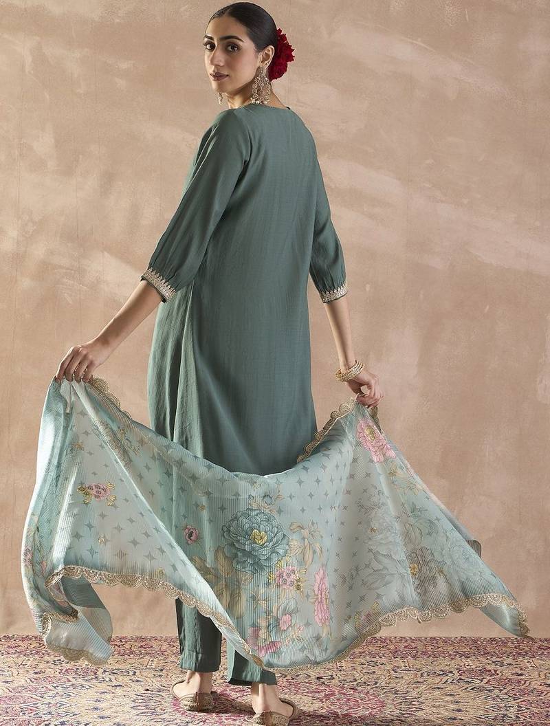 Sequinned A-Line Kurta With Trousers & Dupatta