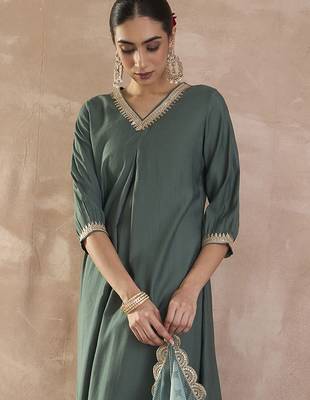 Sequinned A-Line Kurta With Trousers & Dupatta 4
