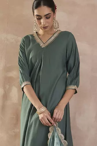 Sequinned A-Line Kurta With Trousers & Dupatta
