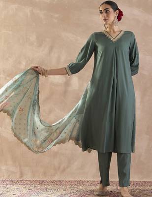 Sequinned A-Line Kurta With Trousers & Dupatta 5
