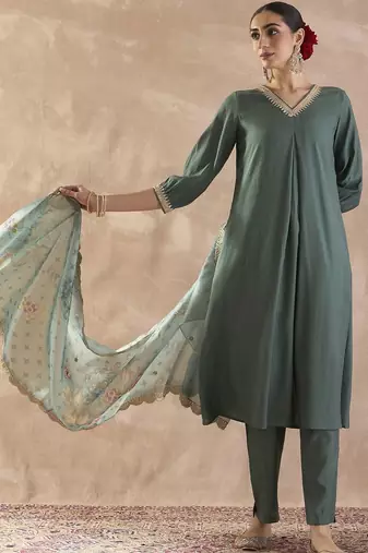 Sequinned A-Line Kurta With Trousers & Dupatta
