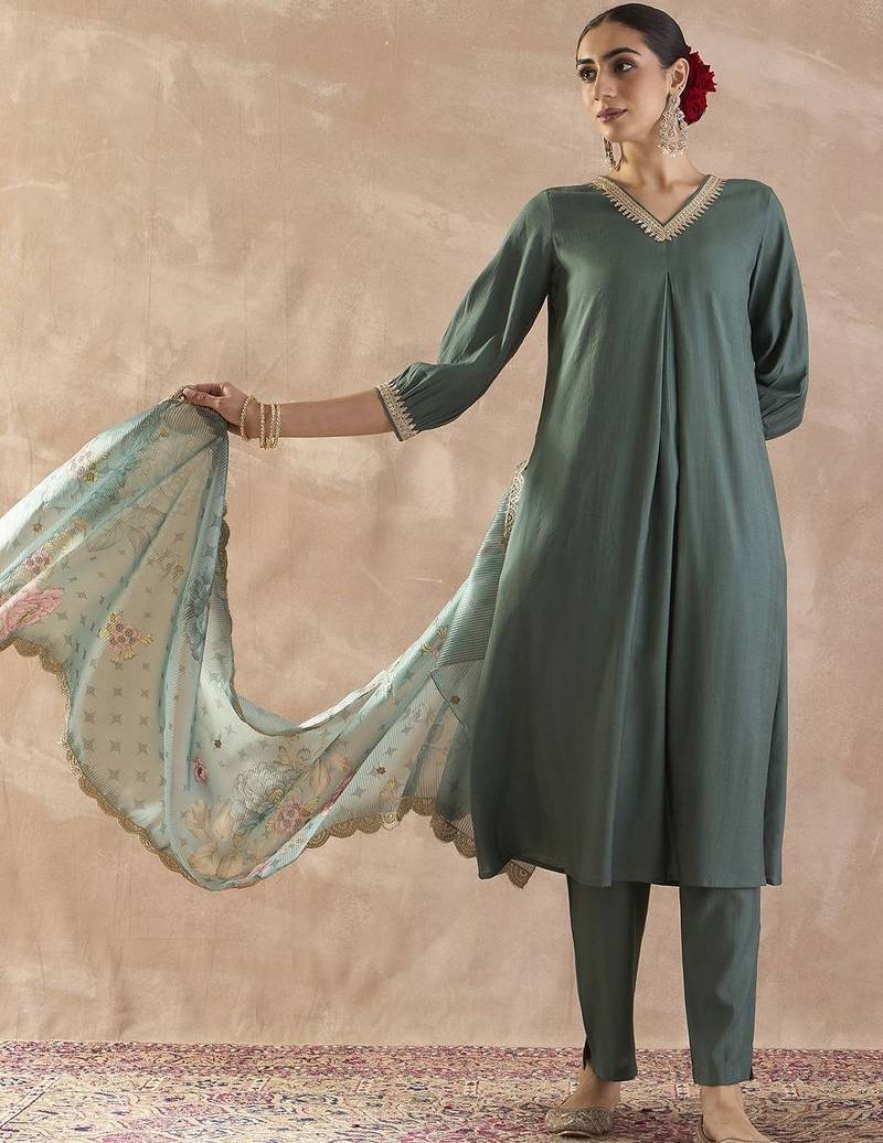 Sequinned A-Line Kurta With Trousers & Dupatta