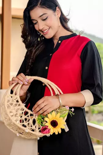 Women Colourblocked Mandarin Collar Pure Cotton A-Line Kurta with Trousers