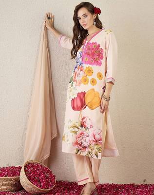 Women Floral Printed Linen Kurta with Trousers & Dupatta 3