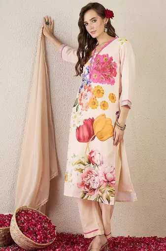 Women Floral Printed Linen Kurta with Trousers & Dupatta