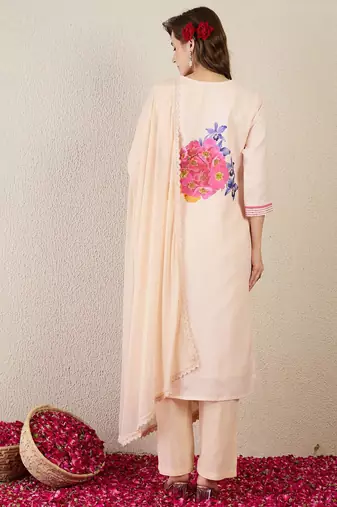 Women Floral Printed Linen Kurta with Trousers & Dupatta