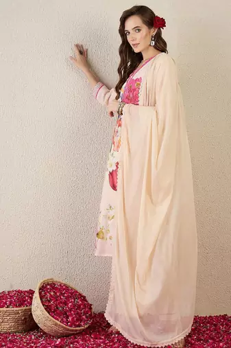 Women Floral Printed Linen Kurta with Trousers & Dupatta