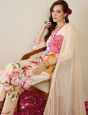 Women Floral Printed Linen Kurta with Trousers & Dupatta 6