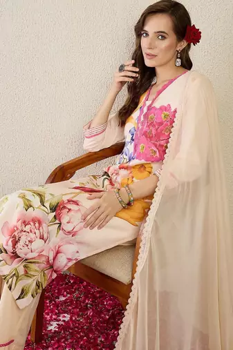 Women Floral Printed Linen Kurta with Trousers & Dupatta