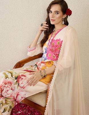 Women Floral Printed Linen Kurta with Trousers & Dupatta 7