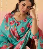 Floral Printed Pure Cotton Anarkali Kurta With Trousers & Dupatta
