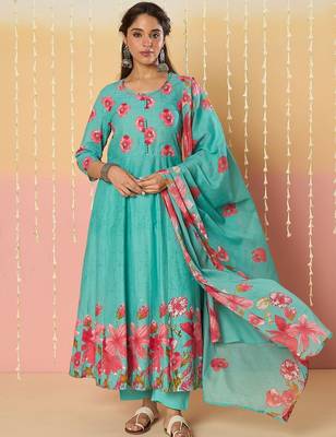Floral Printed Pure Cotton Anarkali Kurta With Trousers & Dupatta 2