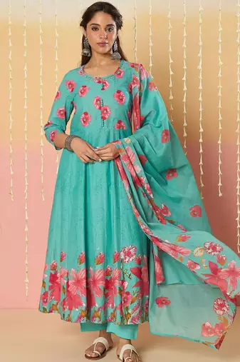 Floral Printed Pure Cotton Anarkali Kurta With Trousers & Dupatta