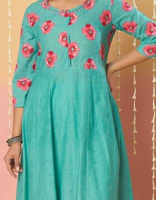 Floral Printed Pure Cotton Anarkali Kurta With Trousers & Dupatta 3