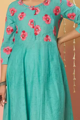 Floral Printed Pure Cotton Anarkali Kurta With Trousers & Dupatta