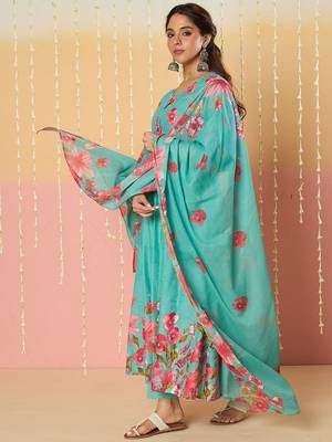 Floral Printed Pure Cotton Anarkali Kurta With Trousers & Dupatta 5