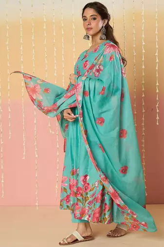 Floral Printed Pure Cotton Anarkali Kurta With Trousers & Dupatta