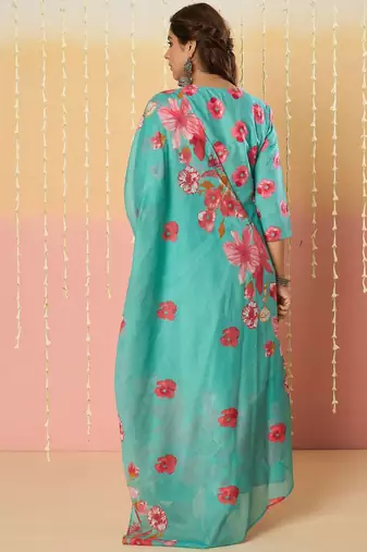 Floral Printed Pure Cotton Anarkali Kurta With Trousers & Dupatta