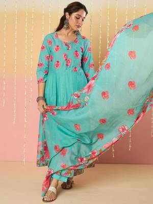 Floral Printed Pure Cotton Anarkali Kurta With Trousers & Dupatta 7