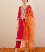Ethnic Motifs Embroidered Sequinned Straight Kurta With Trousers & Dupatta