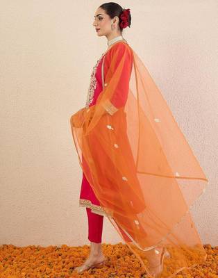 Ethnic Motifs Embroidered Sequinned Straight Kurta With Trousers & Dupatta 4