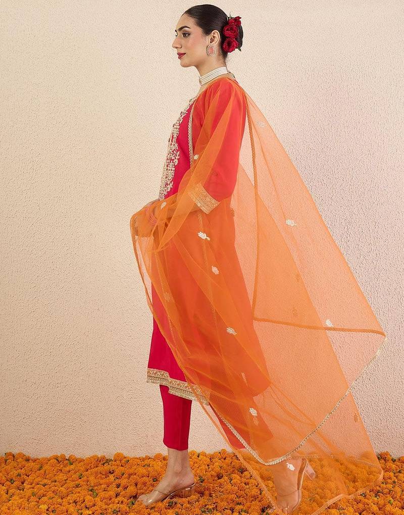 Ethnic Motifs Embroidered Sequinned Straight Kurta With Trousers & Dupatta
