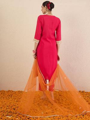 Ethnic Motifs Embroidered Sequinned Straight Kurta With Trousers & Dupatta 5