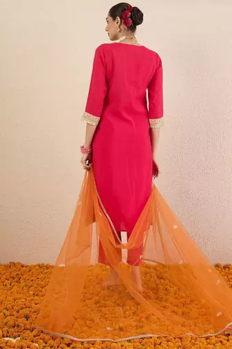 Ethnic Motifs Embroidered Sequinned Straight Kurta With Trousers & Dupatta