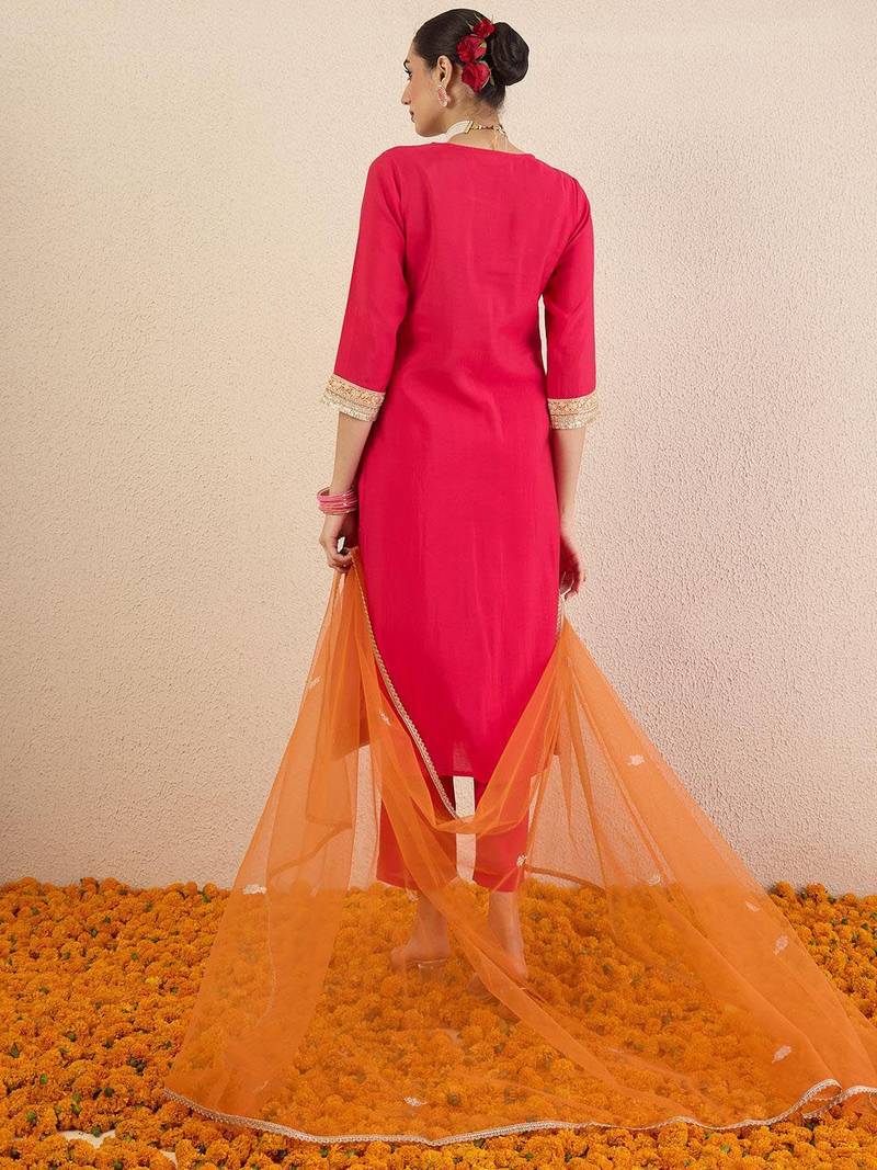 Ethnic Motifs Embroidered Sequinned Straight Kurta With Trousers & Dupatta