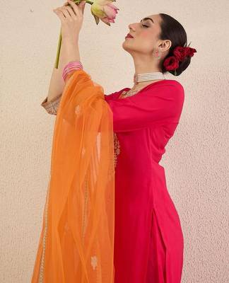 Ethnic Motifs Embroidered Sequinned Straight Kurta With Trousers & Dupatta 6