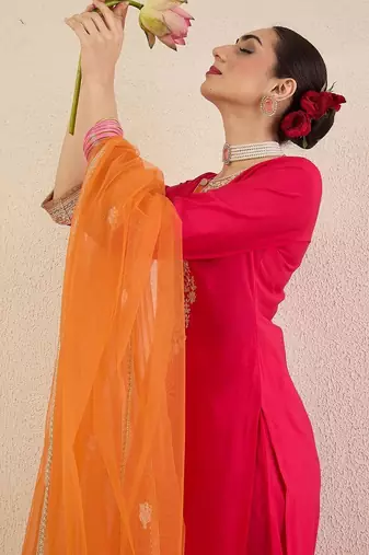 Ethnic Motifs Embroidered Sequinned Straight Kurta With Trousers & Dupatta