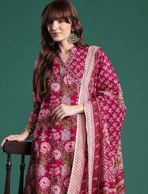 Floral Printed Angrakha Pure Cotton Kurta with Trousers & With Dupatta 1