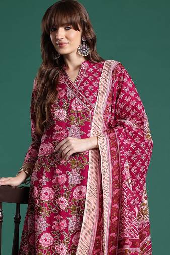 Floral Printed Angrakha  Cotton Kurta with Trousers & With Dupatta