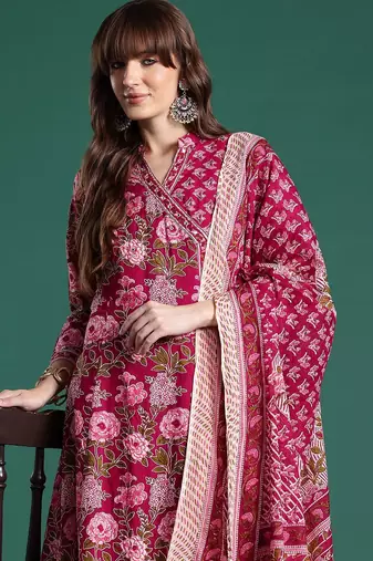 Floral Printed Angrakha Pure Cotton Kurta with Trousers & With Dupatta